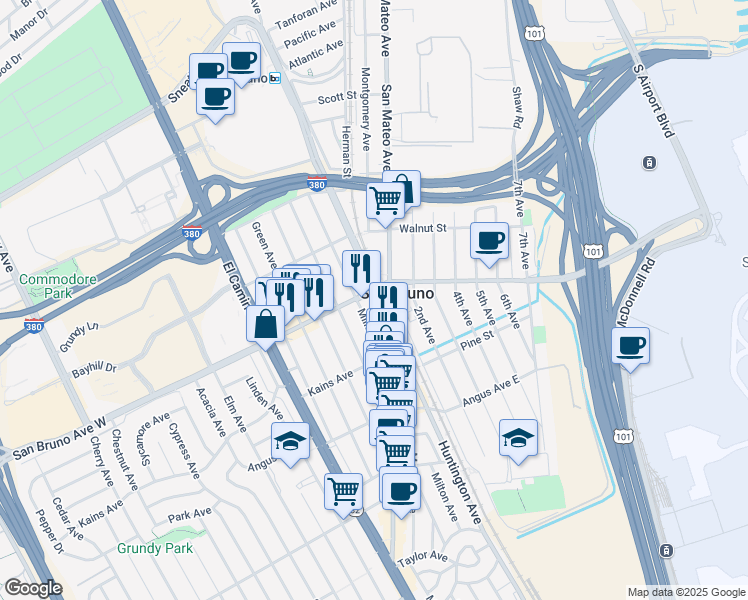 map of restaurants, bars, coffee shops, grocery stores, and more near 111 San Bruno Avenue West in San Bruno