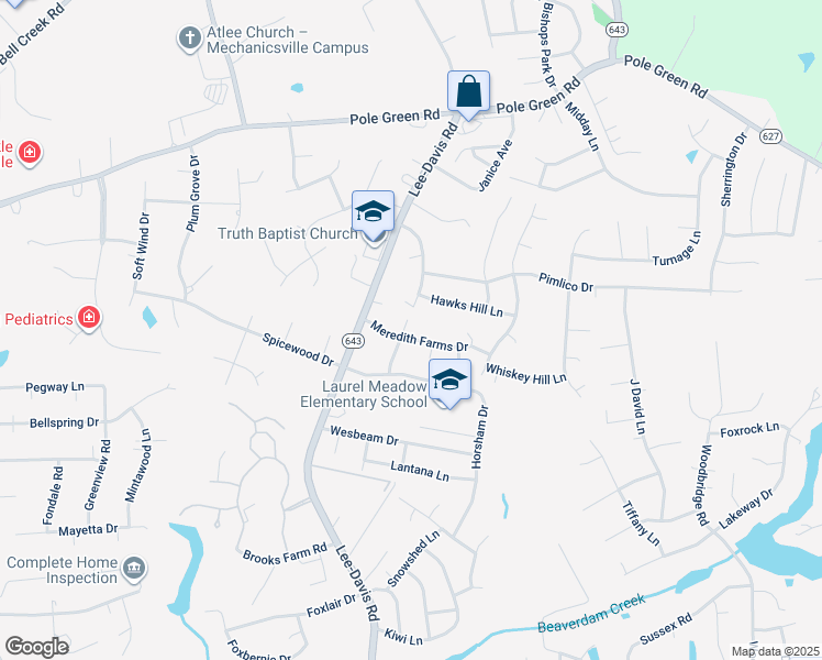 map of restaurants, bars, coffee shops, grocery stores, and more near 7024 Meredith Farms Drive in Mechanicsville