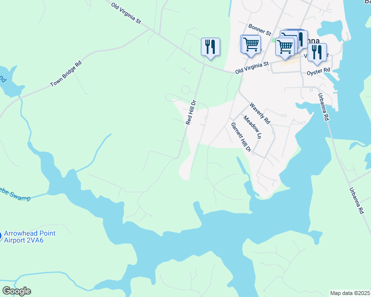 map of restaurants, bars, coffee shops, grocery stores, and more near Red Hill Drive in Urbanna