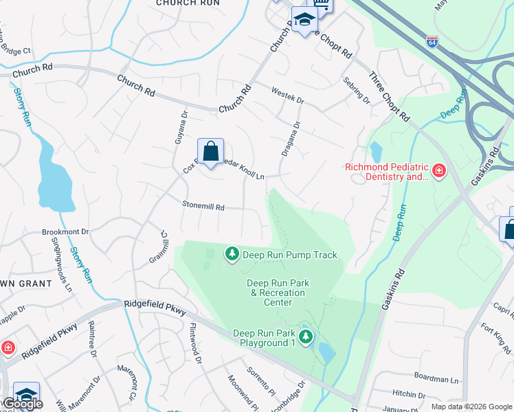 map of restaurants, bars, coffee shops, grocery stores, and more near 10036 Stonemill Road in Richmond