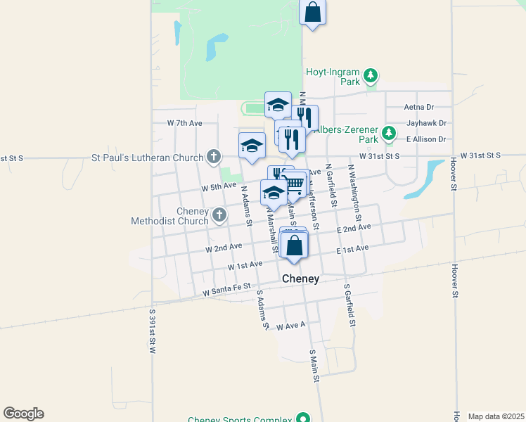 map of restaurants, bars, coffee shops, grocery stores, and more near 398 North Marshall Street in Cheney