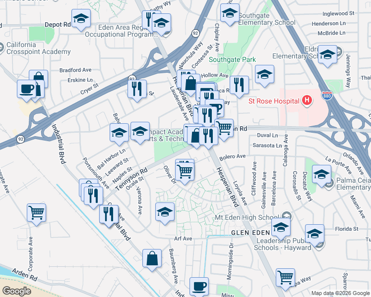 map of restaurants, bars, coffee shops, grocery stores, and more near 2451 West Tennyson Road in Hayward