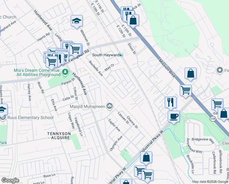 map of restaurants, bars, coffee shops, grocery stores, and more near 29131 Delgado Road in Hayward