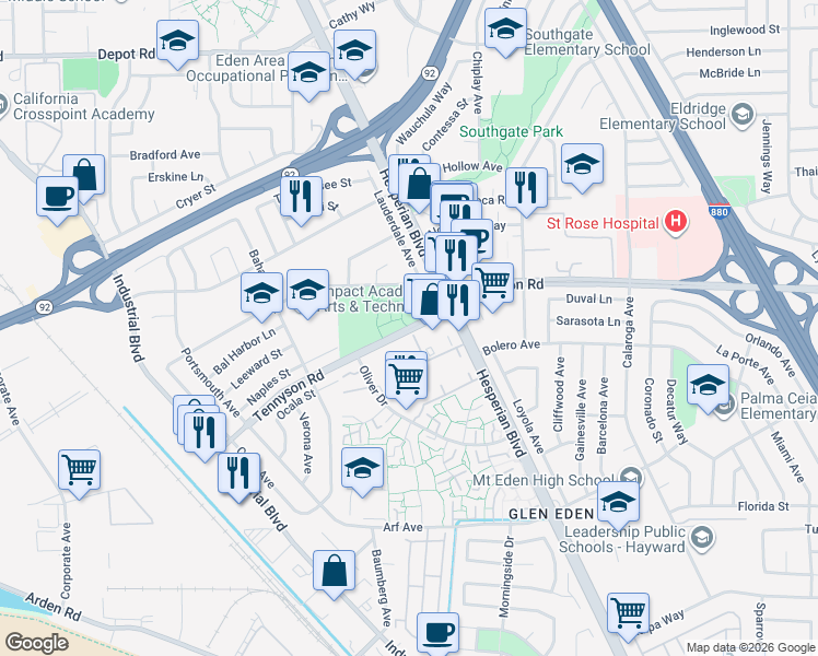 map of restaurants, bars, coffee shops, grocery stores, and more near 2449 W Tennyson Rd in Hayward