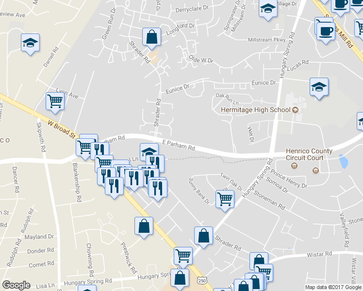 map of restaurants, bars, coffee shops, grocery stores, and more near 7673 East Parham Road in Henrico