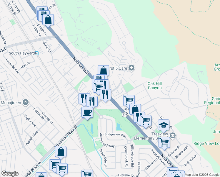 map of restaurants, bars, coffee shops, grocery stores, and more near 29629 Mountain Oak Court in Hayward
