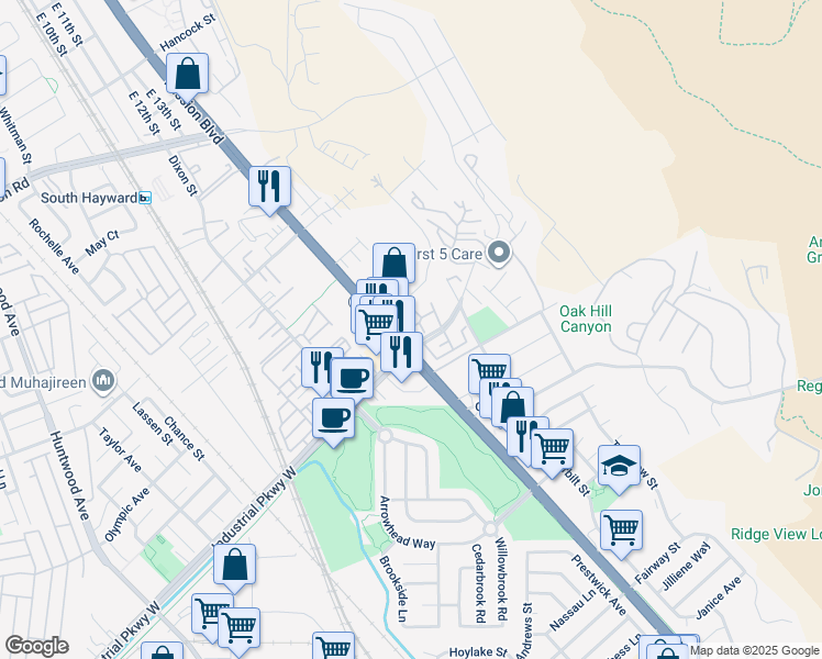 map of restaurants, bars, coffee shops, grocery stores, and more near 29576 Mission Boulevard in Hayward