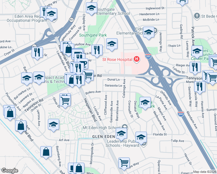 map of restaurants, bars, coffee shops, grocery stores, and more near 2083 Sarasota Lane in Hayward