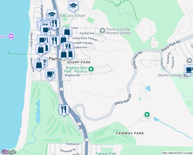 map of restaurants, bars, coffee shops, grocery stores, and more near 510 Brighton Road in Pacifica