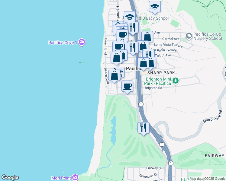 map of restaurants, bars, coffee shops, grocery stores, and more near 2309 Palmetto Avenue in Pacifica