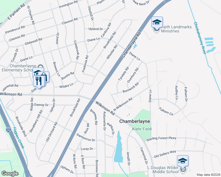 map of restaurants, bars, coffee shops, grocery stores, and more near 8202 Tyndale Road in Richmond