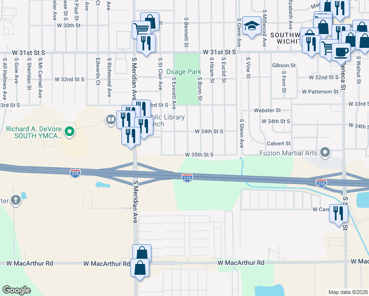map of restaurants, bars, coffee shops, grocery stores, and more near 3531 South Bennett Street in Wichita