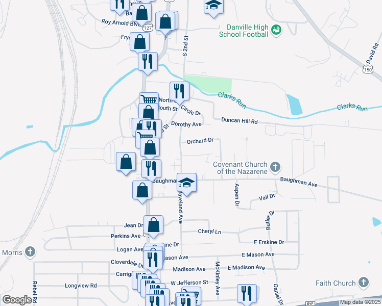 map of restaurants, bars, coffee shops, grocery stores, and more near 103 Henson Ave in Danville