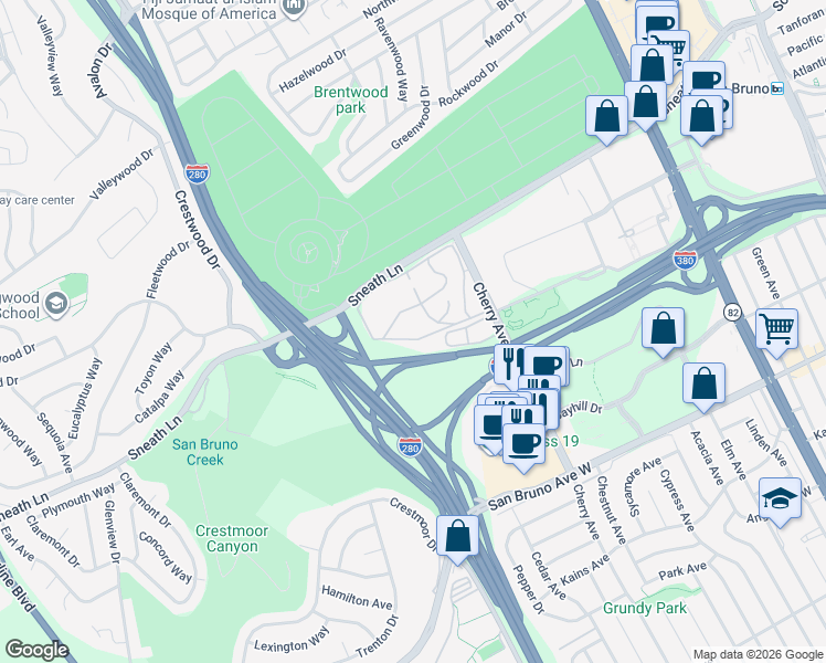 map of restaurants, bars, coffee shops, grocery stores, and more near 406 Boardwalk Avenue in San Bruno