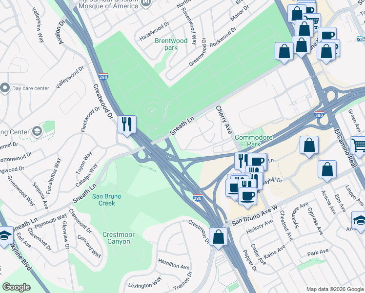 map of restaurants, bars, coffee shops, grocery stores, and more near 410 Boardwalk Drive in San Bruno