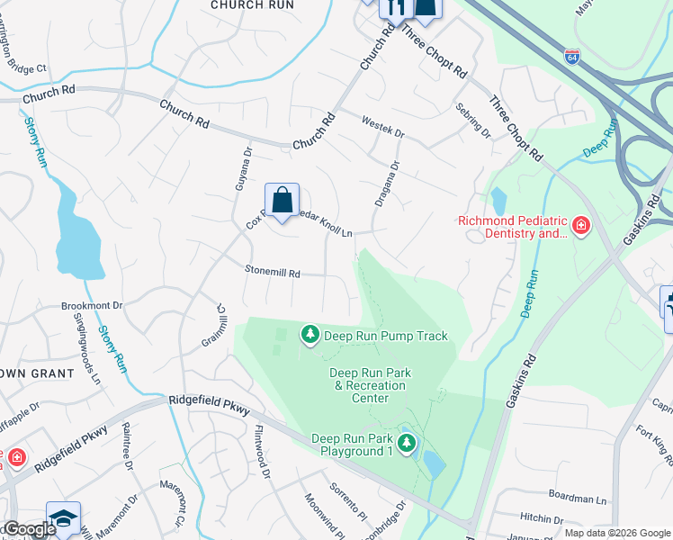 map of restaurants, bars, coffee shops, grocery stores, and more near 10036 Stonemill Road in Richmond