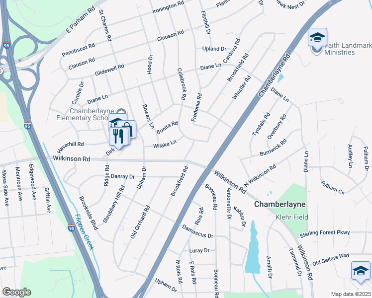 map of restaurants, bars, coffee shops, grocery stores, and more near 6104 Brookfield Road in Richmond