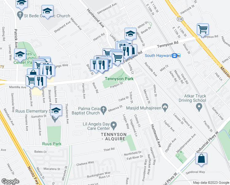 map of restaurants, bars, coffee shops, grocery stores, and more near 28477 Coleridge Avenue in Hayward