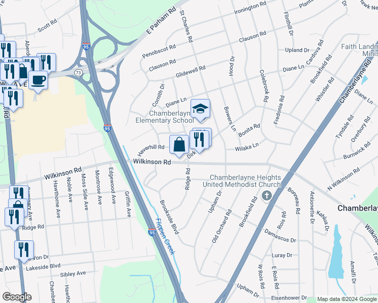 map of restaurants, bars, coffee shops, grocery stores, and more near 8000 Tarkington Drive in Richmond