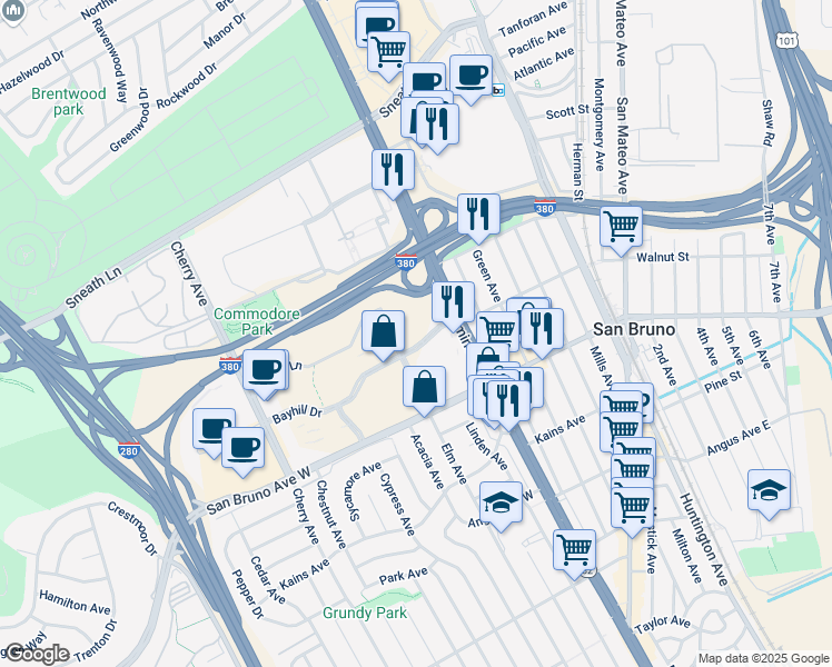 map of restaurants, bars, coffee shops, grocery stores, and more near 1050 Bayhill Drive in San Bruno