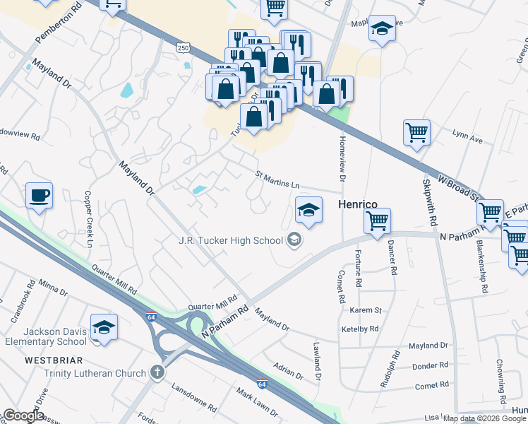 map of restaurants, bars, coffee shops, grocery stores, and more near 1909 Saint Martins Trail in Henrico