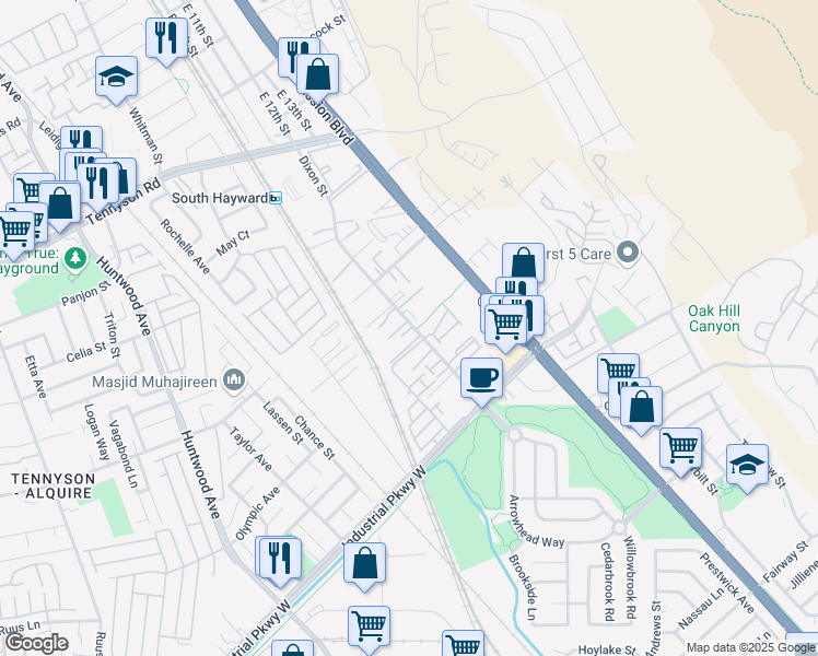 map of restaurants, bars, coffee shops, grocery stores, and more near 29397 Dixon Street in Hayward