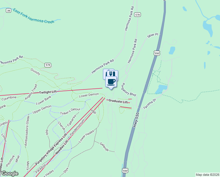 map of restaurants, bars, coffee shops, grocery stores, and more near 71 Needles in Durango