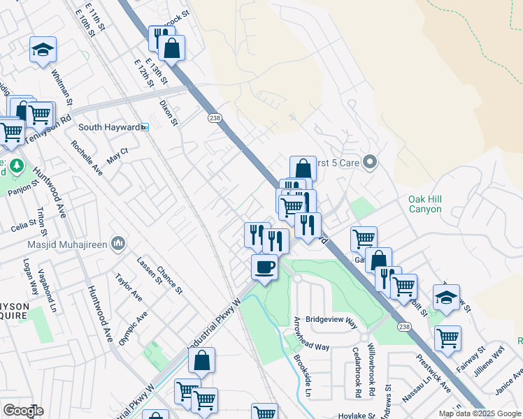 map of restaurants, bars, coffee shops, grocery stores, and more near 385 Line Street in Hayward
