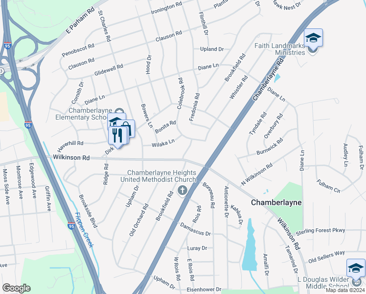 map of restaurants, bars, coffee shops, grocery stores, and more near 6104 Brookfield Road in Richmond