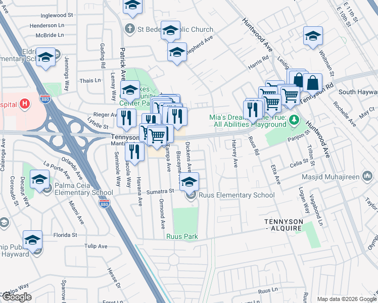 map of restaurants, bars, coffee shops, grocery stores, and more near Dickens Avenue & Thackeray Avenue in Hayward