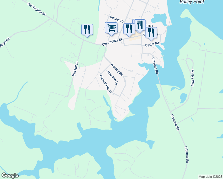 map of restaurants, bars, coffee shops, grocery stores, and more near 275 Garnett Hill Drive in Urbanna
