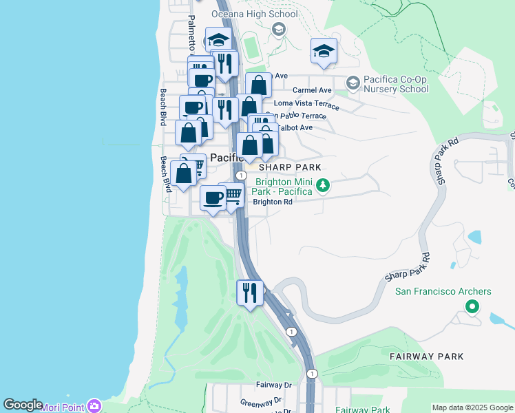 map of restaurants, bars, coffee shops, grocery stores, and more near 258 Brighton Rd in Pacifica