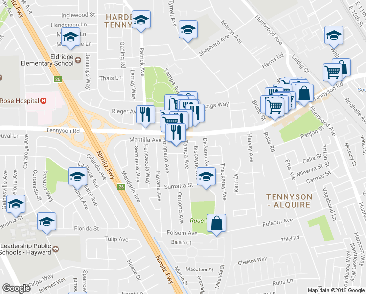 map of restaurants, bars, coffee shops, grocery stores, and more near 1108 West Tennyson Road in Hayward