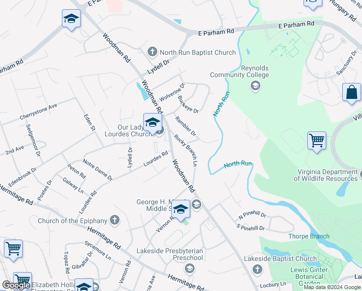 map of restaurants, bars, coffee shops, grocery stores, and more near 8214 Rocky Branch Lane in Richmond
