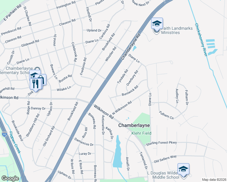 map of restaurants, bars, coffee shops, grocery stores, and more near 8202 Tyndale Road in Richmond