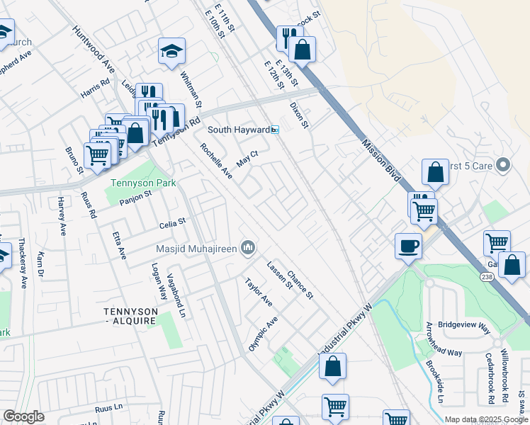 map of restaurants, bars, coffee shops, grocery stores, and more near 29138 Delgado Road in Hayward