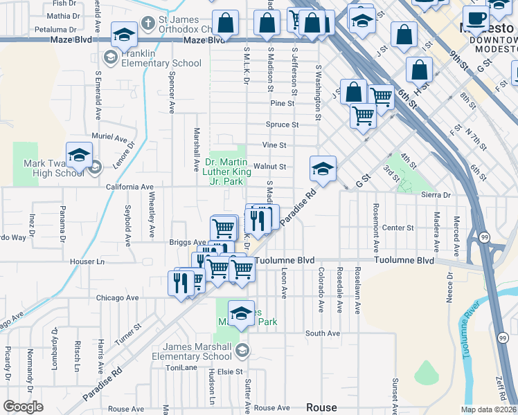 map of restaurants, bars, coffee shops, grocery stores, and more near 308 Ruberto Street in Modesto