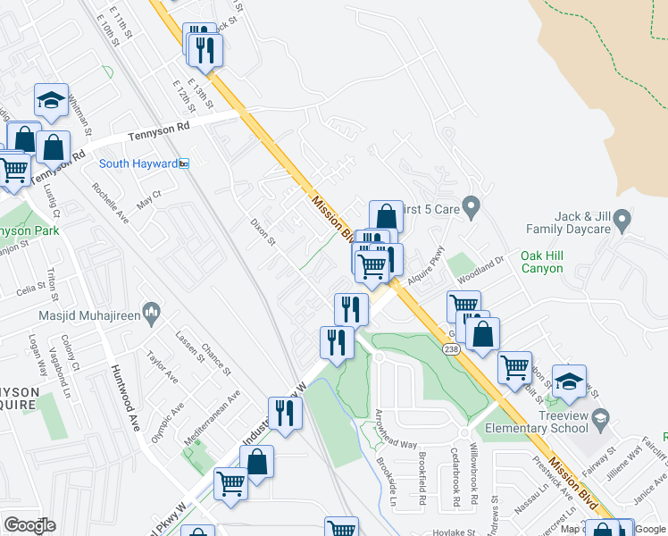 map of restaurants, bars, coffee shops, grocery stores, and more near 385 Line Street in Hayward