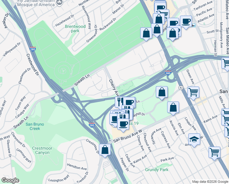 map of restaurants, bars, coffee shops, grocery stores, and more near 1031 Cherry Avenue in San Bruno