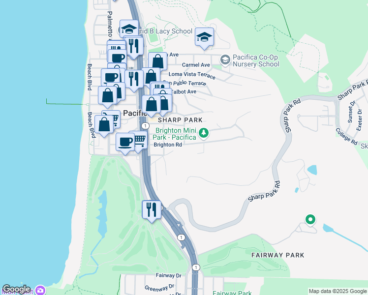 map of restaurants, bars, coffee shops, grocery stores, and more near 412 Brighton Road in Pacifica