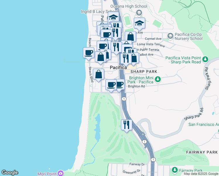map of restaurants, bars, coffee shops, grocery stores, and more near 112 Brighton Road in Pacifica