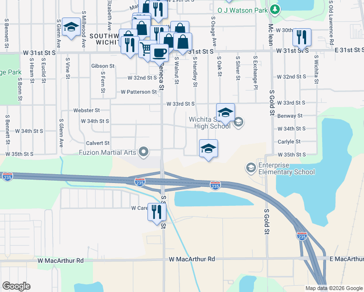 map of restaurants, bars, coffee shops, grocery stores, and more near 3551 South Walnut Street in Wichita