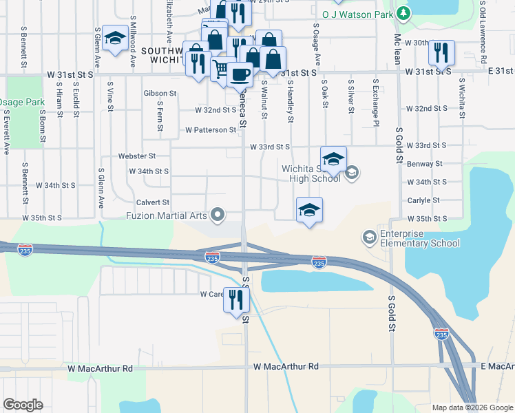 map of restaurants, bars, coffee shops, grocery stores, and more near 3551 South Walnut Street in Wichita