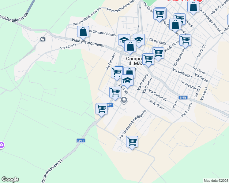 map of restaurants, bars, coffee shops, grocery stores, and more near 132 Via Tre Fontane in Campobello di Mazara