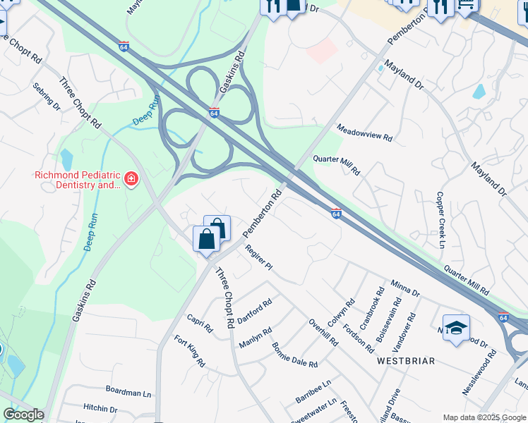 map of restaurants, bars, coffee shops, grocery stores, and more near 2422 Pemberton Road in Henrico