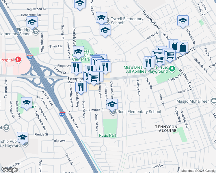 map of restaurants, bars, coffee shops, grocery stores, and more near 27764 Biscayne Avenue in Hayward