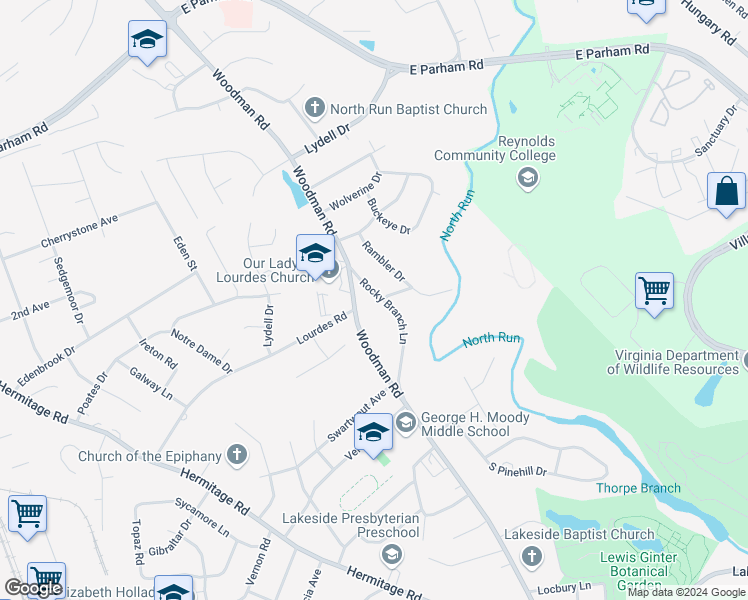 map of restaurants, bars, coffee shops, grocery stores, and more near 8214 Rocky Branch Lane in Richmond