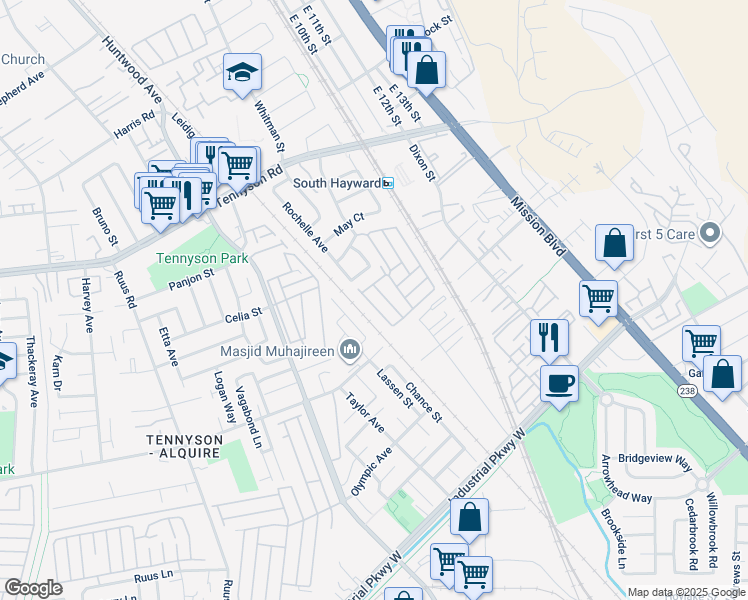map of restaurants, bars, coffee shops, grocery stores, and more near 29138 Delgado Road in Hayward