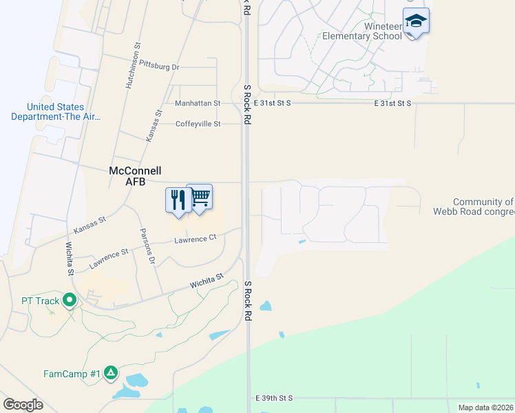 map of restaurants, bars, coffee shops, grocery stores, and more near 3636 South Rock Road in Wichita