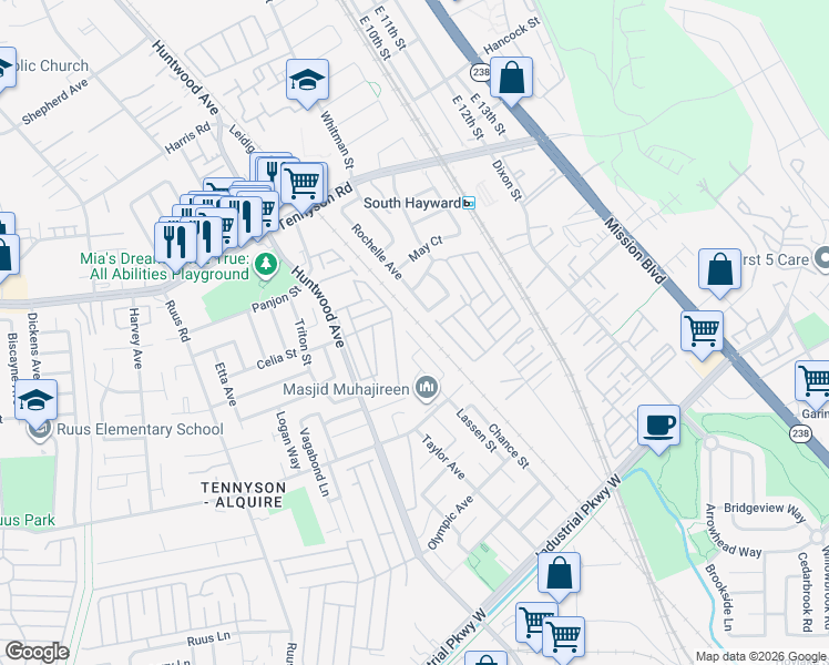 map of restaurants, bars, coffee shops, grocery stores, and more near 29026 Hillview Street in Hayward